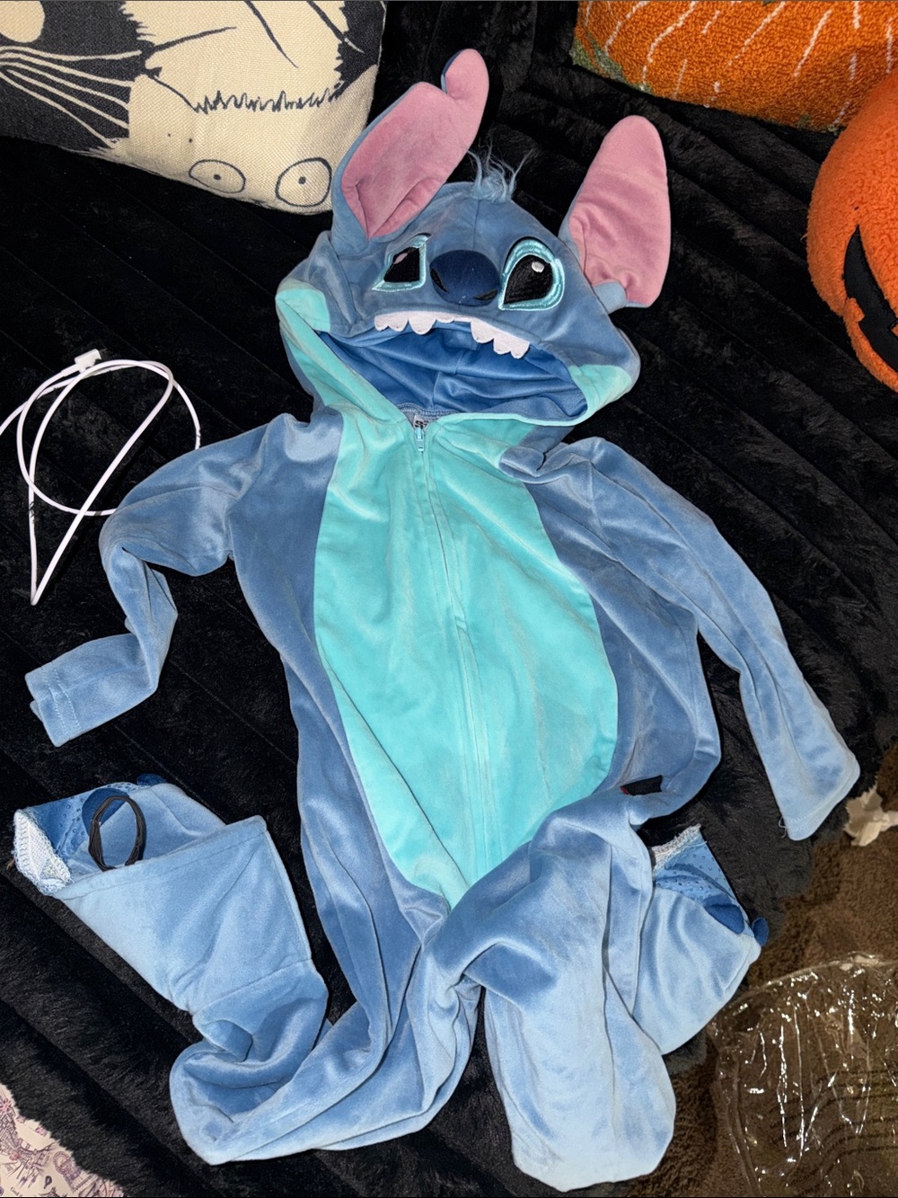 Disney Stitch Plush Hooded Onesie Costume - Blue & Aqua with Pink Ears